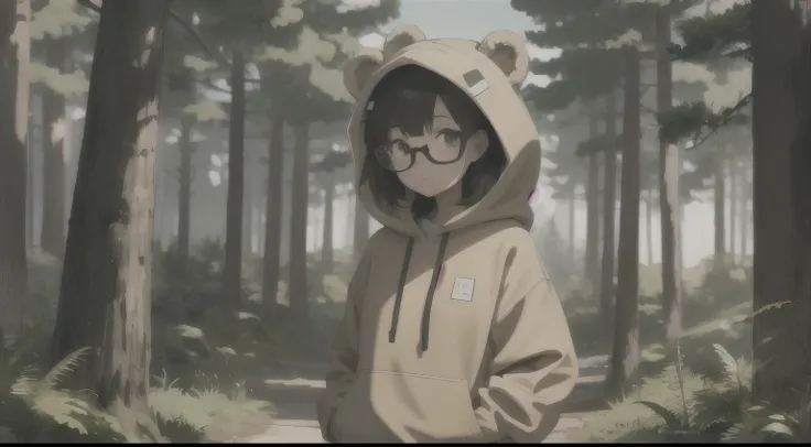 in the forest. 1girl. cream hoodie, with brown bear ear hood. wearing glases. looking very stupid. very cute. . black eyes. tan skin. medium hair. baggy hoodie. third of the body. long pant