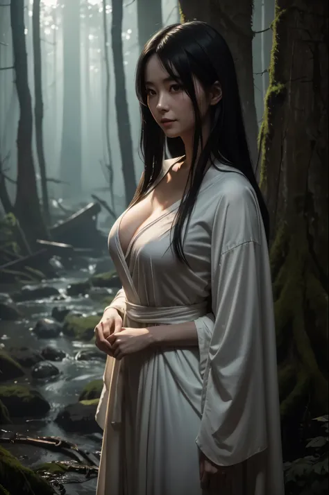 8k,超A high resolution,real looking skin,Horror movie shot of creepy girl with long straight black hair, Sadako,Super beauty(Like the real thing), Wearing a white hospital gown, standing in front of an old well in the forest,thirds rule, Tonal color scheme,...