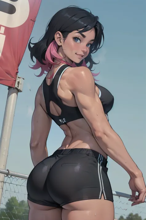 black hair, solo, sweaty, shiny skin, tanned skin, athletic body, (1girl), curvy, thin waist, long pink hair, short shorts, sports bra, shot from back, looking at viewer, flirting smile