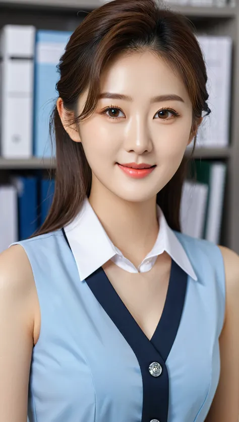 close-up shot of beautiful korean female, 36 inch breasts size, hair behind ears, slightly smile, wearing dresed in a blue, black and white themed sleeveless collared marketing manager uniform, in the office