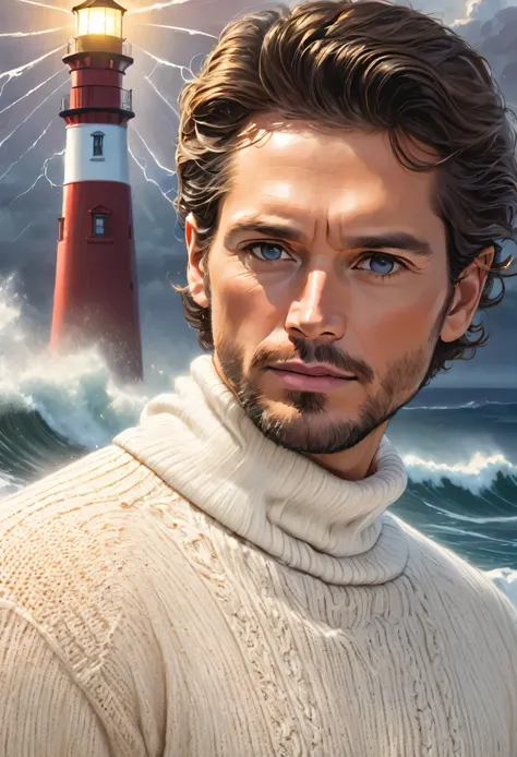 Face portrait ,no beard， (Face focus:1.5), (storm:1.2), (wave:1.3), ocean, (lighthouse background:1.3), (cowboy shooting:1.4), (White turtleneck knitted sweater:1.3), looking at the audience, actual, masterpiece, best quality, backlight, (lens flare:1.1), ...