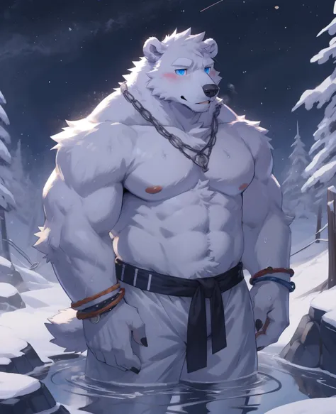 de尾巴ed anatomy, Humanity, ((polar bear| off-white | blue eyes)), male, alone, Kanno, Strong, tailed eyes, cozy，(( bracelet, White boxers)), nude，bear tail, snow in winter，steaming hot，In the open-air hot spring in the winter forest, bubble hot spring，comfo...