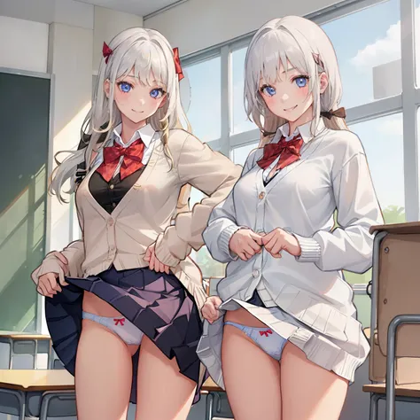 ((1 girl:1.5))、(smile:1.5)、small breasts、（cowboy shot）、(fun!!)、(white cardigan:1.5)、(white hair)、blush、(long hair)、(eye highlights:1.3)、blake black shoes,(黒いskirt:1.5)、bow, button, shirt with collar, long sleeve,  ((red bow tie, ,, white shirt, チェック柄のskirt...