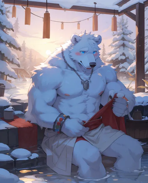 de尾巴ed anatomy, Humanity, ((polar bear| off-white | blue eyes)), male, alone, Kanno, Strong, tailed eyes, cozy，(( bracelet, I didnt wear anything on my upper body，Lower body wrapped in bath towel)), nude，bear tail, In the open-air hot spring in the winter ...