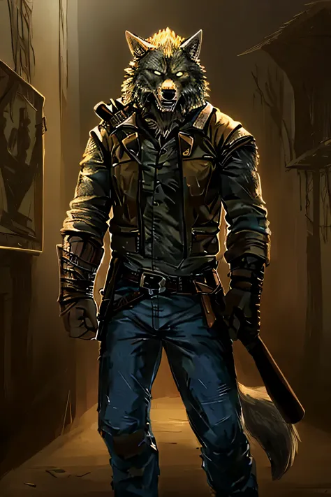 The painting is of a man wearing jeans、man holding baseball bat, creepy Explorer sketch, Explorer sketch, Post-apocalyptic scavenger, approximately artstyle, post-apocalyptic explorer, Werewolf, as dnd role, old sketch, post apocalyptic cowboy, Become a ba...