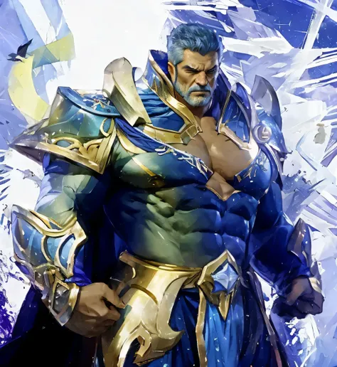 A big one, muscular old man,Sixty-five years old,Gorgeous sapphire blue armor,gold trim,He showed off his huge muscular chest,He showed off his great pecs,Energetic,Behind him are the brilliant starry sky and the cold polar regions,He showed off his strong...