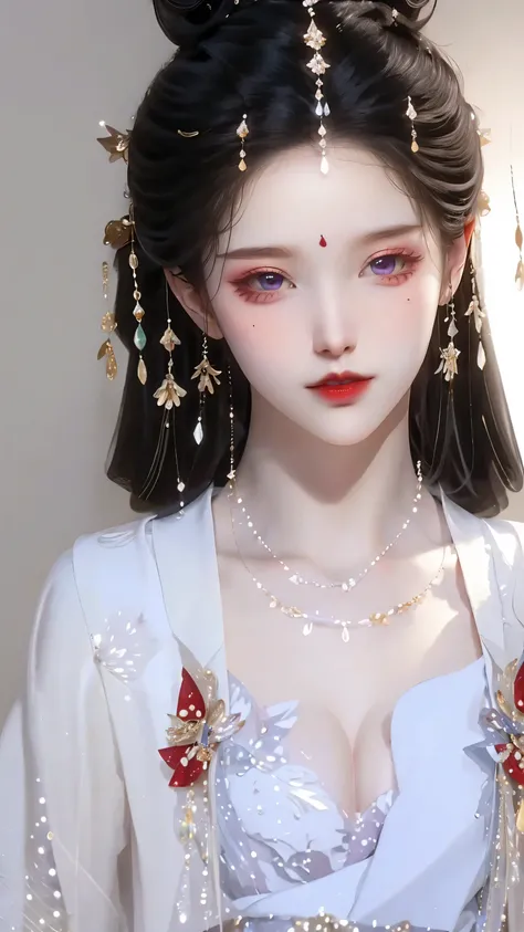 （（full body pictures）），（best quality，masterpiece：1.2），ultra high resolution，realistically，front lighting，intricate details，Exquisite details and textures，（1 girl），alone，upper part of body，Purple Hanfu，好漂亮的big eyes，purple dress，Petal decoration，pretty face，...