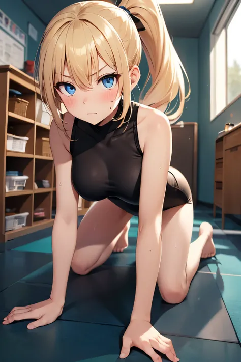 Elementary school boys around,1 girl,blue eyes, blonde,ponytail, big breasts,black leotard,barefoot,Super High Leg Cut, serious face,blush,Sweat,primary school,full body figure,crawl forward