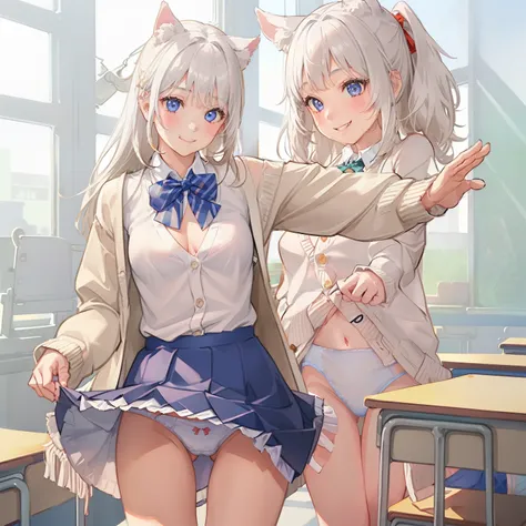 ((1 girl:1.5))、(smile:1.5)、small breasts、（cowboy shot）、(fun!!)、(white cardigan:1.5)、(dog ears)、(white hair)、blush、(long hair)、(eye highlights:1.3)、blake black shoes,(黒いskirt:1.5)、bow, button, shirt with collar, long sleeve,  ((red bow tie, ,, white shirt, ...