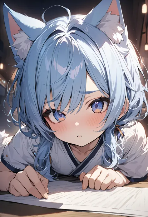 ((masterpiece)),((highest quality)),((high detail)),young boy　cute　Cat ear　light blue hair　Japanese　Tokyo