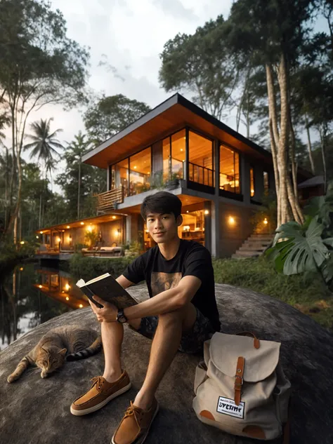 arafed man sitting on a rock reading a book in front of a house, mid shot portrait, medium shot portrait, inspired by Adam Dario Keel, medium portrait, fanart, portrait shot, ✨🕌🌙, by Byron Galvez, stood outside a wooden cabin, by Galen Dara, lookbook, by A...