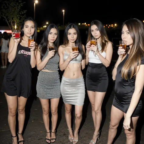 a group of very beautiful women at the night party, wearing casual clothes, standing, drinking liquor and having a good time,