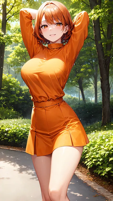 Meisterwerk, atemberaubend realistisch, Best quality, Sharpness,1 girl,orange lockiges mittleres kurzes Haar ,orangefarbene Augen,enges Langarmshirt ,Rock,Arme hinter dem Kopf,in einem Wald stehend,,medium large breasts,sweet smile,Half body