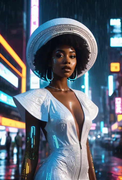 Black woman dressed in an African designed all white dress with a white hat over her head, standing in the middle of the cyber punk city, night time with neon city lights shining a medium light in the scene, rain drizzling, wet road surface with reflection...