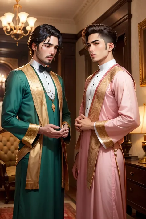 Two men friends speak in the house drees code like as arabic