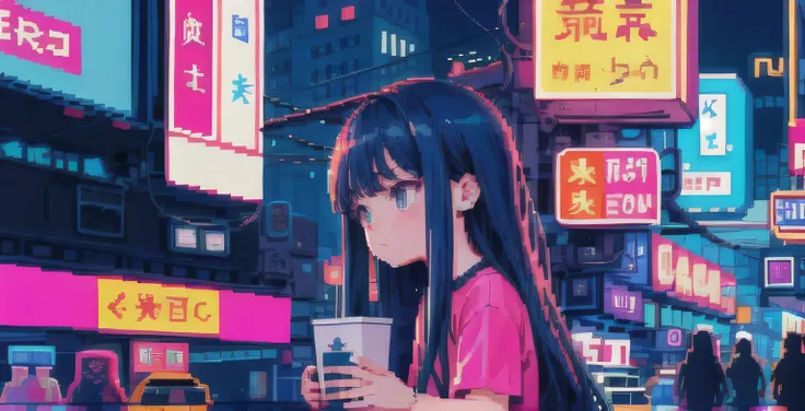 (Pixel art_1.1)1 girl,very long hair,night,street,kitten,neon light,Hongkong,cyber punk,An illustration、lo-fi、barely、computer、at the window、city,short sleeve,white