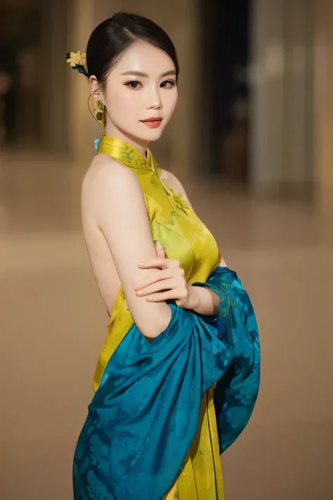 arafed woman in a green dress with a blue scarf, in style of lam manh, dressed in colorful silk, ao dai, inspired by Dai Xi, inspired by Lan Ying, traditional beauty, inspired by Xie Sun, mai anh tran, cheongsam, inspired by Huang Ji, in a blue qipao, chin...