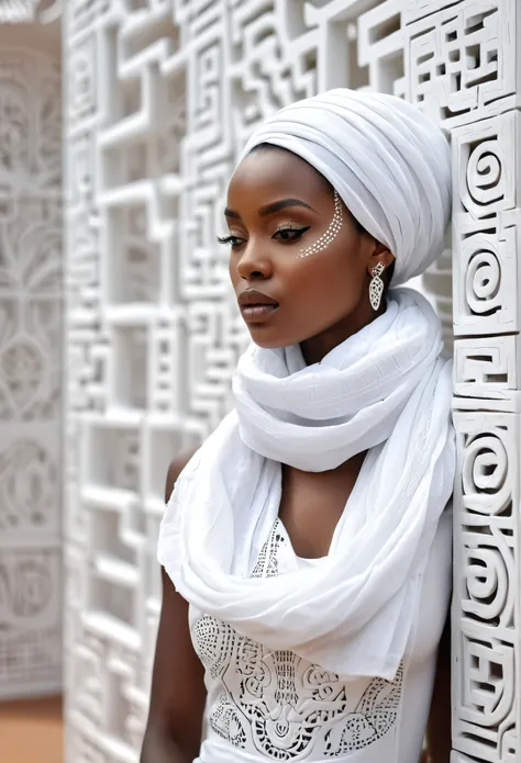 African woman dressed in a white dress and white scarf, with african designed tattoos on her face, a white maze sculpture wall in the background, ultra HD image, beautifully cinematic imagery, 