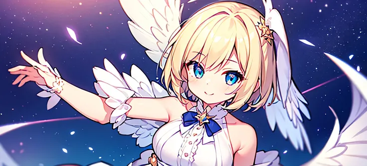 {{highest quality}},{{masterpiece}},{{Super detailed}},{{beautiful lines}},{{beautiful eyes}},{{High resolution}},{{Accurate}},(girl１),blonde,short hair,angel ring,fluffy plumage.white ruffle dress,smile,turn your arms behind your back,close one eye,full s...