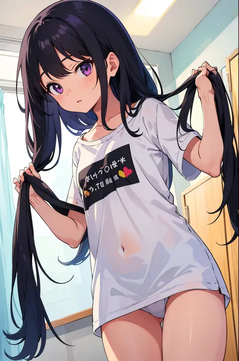 girl&#39;s room　elementary school girl　8-year-old　flat chest　black hair　long hair　eyes are purple　（（1 person））　Baggy white T-shirt on the upper body　lower body white panties（（White panties are visible））　barefoot　standing in the room　I can see white panties...