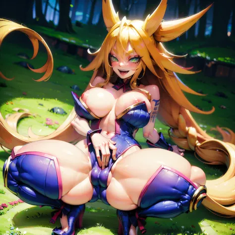 (((Masterpiece))), (((Best Quality: 1.4))), ((Super Detail: 1.4)) , hyper detailed gouache painting of a female Metallia, long blond hair, fox ears, anal or vaginal sex with a huge dildo, twin braids, green eyes, sharp teeth, big tits, naked, slim body, 1g...