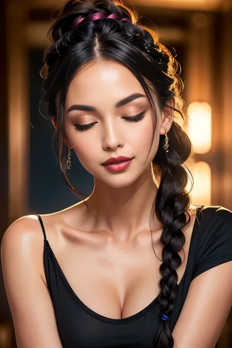 sexy woman, black braided hair, black t-shirt, eyes closed, glossy pink lips parted in a kiss, flawless glowing skin, long beautiful neck