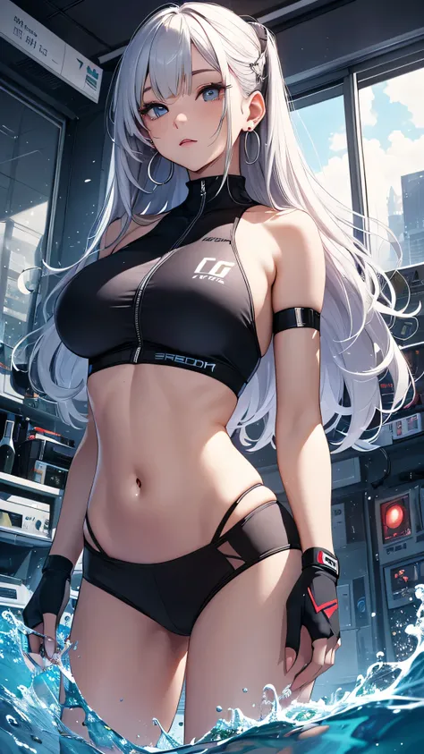 最high quality、best image quality、masterpiece、girl((20-year-old、 By becoming、vest bust、medium bust,wide open breast tea、shining eyes, silver water hair、long hair、thin,highest valley、blue sports bra、blue sports pants,diamond earrings、Wristband、black gloves、s...