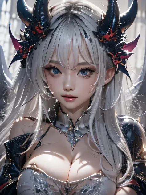 masterpiece, Raw photo，photorealism，High resolution，highest quality，High resolution, perfect composition, perfect face, perfect body, 16k，cinematic lighting，silver hair，Succubus，whip，latex，black，Charm，devilの城の背景、devil&#39;Costume with visible collarbone、cl...