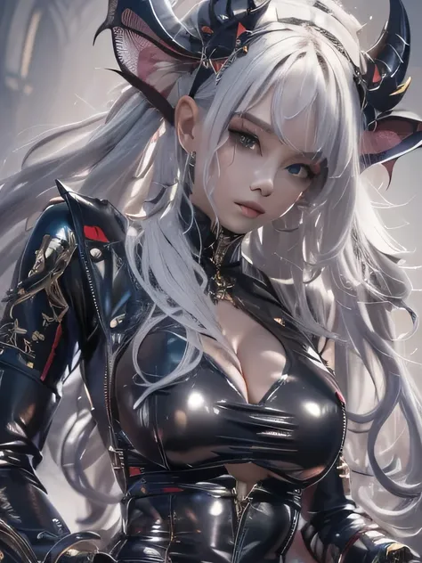 masterpiece, Raw photo，photorealism，High resolution，highest quality，High resolution, perfect composition, perfect face, perfect body, 16k，cinematic lighting，silver hair，Succubus，whip，latex，black，Charm，devilの城の背景、devil&#39;Costume with visible collarbone、cl...