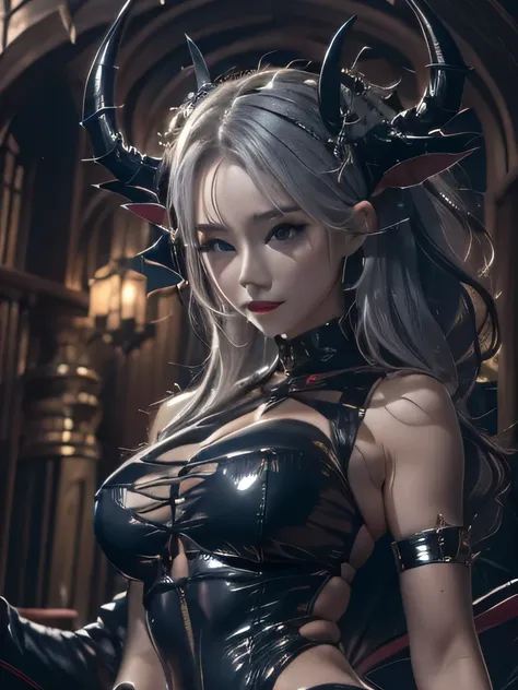 masterpiece, Raw photo，photorealism，High resolution，highest quality，High resolution, perfect composition, perfect face, perfect body, 16k，cinematic lighting，silver hair，Succubus，whip，latex，black，Charm，devilの城の背景、devil&#39;Costume with visible collarbone、cl...