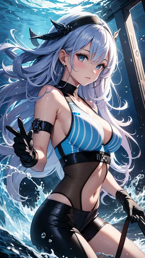 最high quality、best image quality、masterpiece、girl((20-year-old、 By becoming、vest bust、medium bust,wide open breast tea、shining eyes, silver water hair、long hair、thin,highest valley、blue sports bra、blue sports pants,diamond earrings、Wristband、black gloves、s...