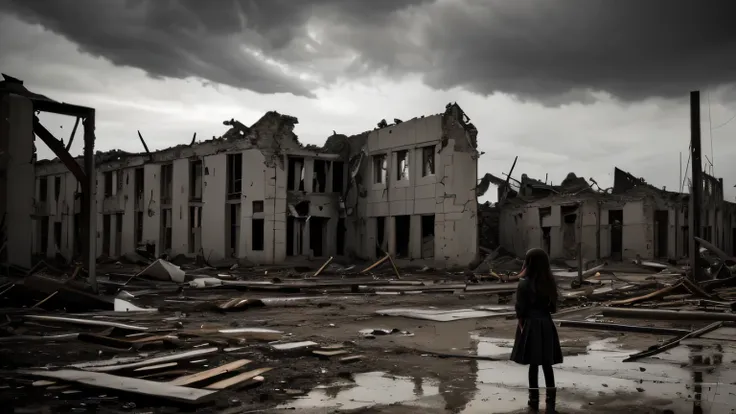 "Oil, ((resilient)) A girl standing backwards in the ruins after a major disaster., eerie clouds cast shadows, ((unforgettable beauty)), apocalyptic masterpiece",monochrome image,The girl is、Size of right half of image