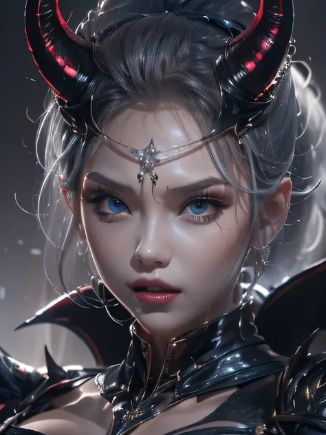 masterpiece, Raw photo，photorealism，High resolution，highest quality，High resolution, perfect composition, perfect face, perfect body, 16k，cinematic lighting，silver hair，Succubus，whip，latex，black，Charm，devilの城の背景、devil&#39;Costume with visible collarbone、cl...