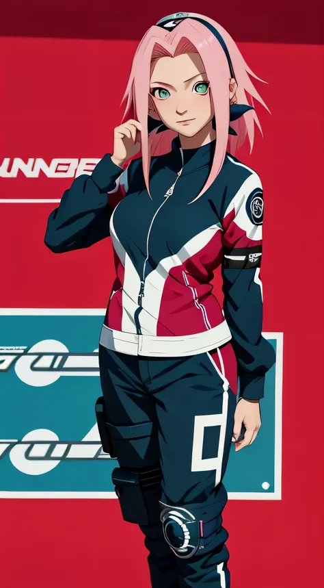 tmasterpiece， Best quality at best， 1girll， Sakura Haruno， Large breasts，Raised sexy，is shy，ssmile，with pink hair， long whitr hair， （Green eyeballs:1.4)，full body, blue Forehead protection，fully black plain nascar driver suit, long sleeve, race car in behi...