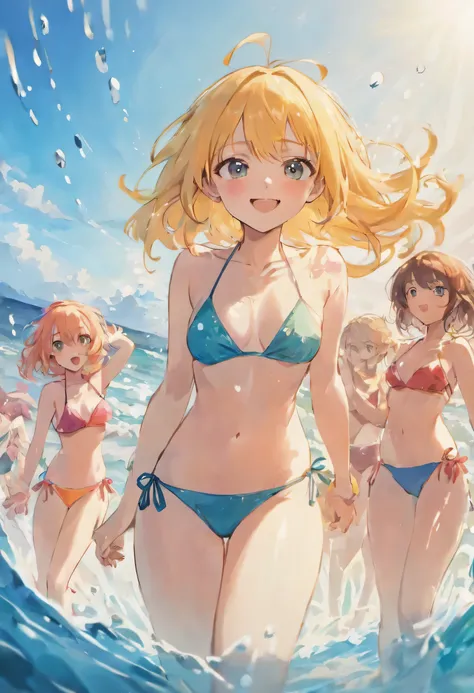 Group of girls, transparent bikini, , slim body, in water, seaside, playing in water, smiling, water splashing, high quality anime art, high quality, official anime art