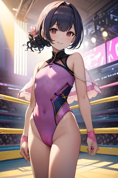 masterpiece, highest quality, best image quality、confused, perfect anatomy, Bright picture quality、1 girl, 、(((The lower body is a pink leotard)))、（High leg）、alone, 、 smile, facing forward、Are standing、The background is professional wrestling