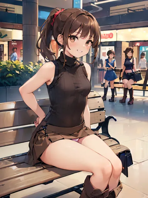 (masterpiece, highest quality, High resolution, realistic pictures, realistic skin:1.1),
(女性はShopping Mall Benchに座っている:1.8),
(she is sitting with her legs closed: 1.6),
(Please use the female panty shots facing the front.:1.8),
(grinning expression:1.5),
(...