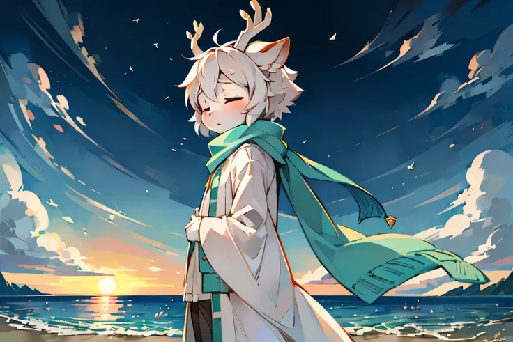 a white deer，white robe，green texture，Cyan scarf，Flowing scarf，flowing robe，seaside，sunset，beach，Close your eyes，Facing the sea，vast sky，white hair，gorgeous costumes，Dusky sky，Lovely shota，petal，eyes closed