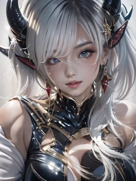 masterpiece, Raw photo，photorealism，High resolution，highest quality，High resolution, perfect composition, perfect face, perfect body, 16k，cinematic lighting，silver hair，Succubus，whip，latex，black，Charm，devilの城の背景、devil&#39;Costume with visible collarbone、cl...