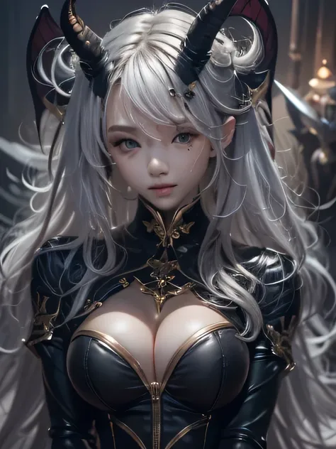 masterpiece, Raw photo，photorealism，High resolution，highest quality，High resolution, perfect composition, perfect face, perfect body, 16k，cinematic lighting，silver hair，Succubus，whip，latex，black，Charm，devilの城の背景、devil&#39;Costume with visible collarbone、cl...