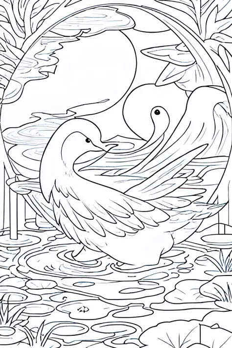 A charming simple outline illustration of ducks gracefully floating on a tranquil, crystal-clear pond. This line art coloring page boasts captivatingly sharp lines, perfect for those seeking a black-and-white artistic experience, devoid of any greyscale sh...