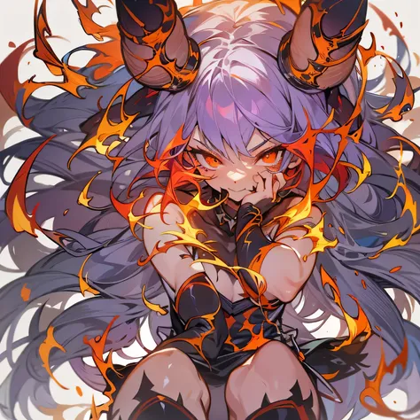 1girl, Lilith aus Diablo, - Horns, die aus der Stirn hervorragen - Feuerrotes oder orangefarbenes Haar - Wild, glowing eyes - flames dancing around them - sinister grin or facial expression,
Anime