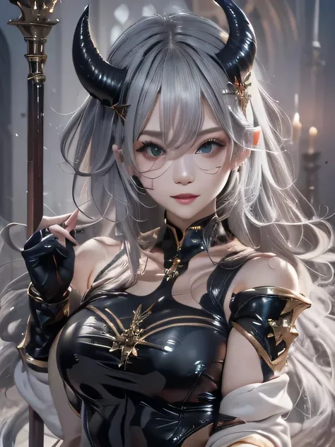 masterpiece, Raw photo，photorealism，High resolution，highest quality，High resolution, perfect composition, perfect face, perfect body, 16k，cinematic lighting，silver hair，Succubus，whip，latex，black，Charm，devilの城の背景、devil&#39;Costume with visible collarbone、cl...