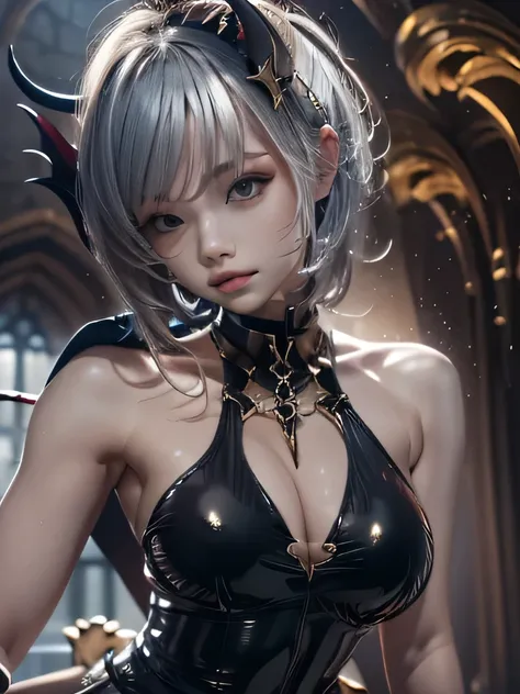 masterpiece, Raw photo，photorealism，High resolution，highest quality，High resolution, perfect composition, perfect face, perfect body, 16k，cinematic lighting，silver hair，Succubus，whip，latex，black，Charm，devilの城の背景、devil&#39;Costume with visible collarbone、cl...