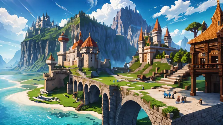 Fantasy world, dragons, knights, castle, minecraft style