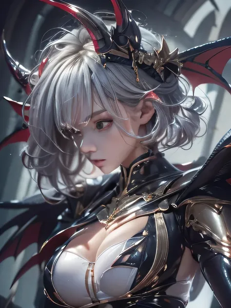 masterpiece, Raw photo，photorealism，High resolution，highest quality，High resolution, perfect composition, perfect face, perfect body, 16k，cinematic lighting，silver hair，Succubus，whip，latex，black，Charm，devilの城の背景、devil&#39;Costume with visible collarbone、cl...