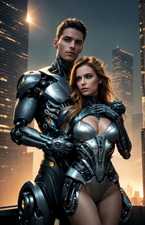 On the rooftop of a skyscraper, a male cyborg and a female cyborg engage in a sexual relationship. They are both depicted in stunning detail, with intricate details highlighting their magnificent anatomies. The scene is captured in the highest quality, sho...