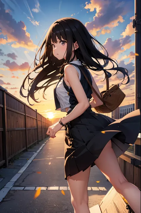 Image Quality　original characters、city girl、summer clothing、long black hair、A city made of Japanese glass wind chimes、huge entrance cloud、sunset