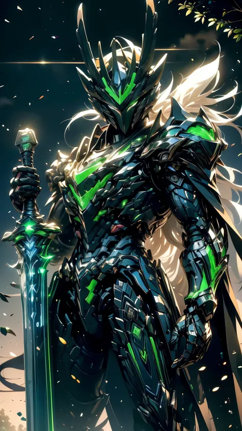 Super realistic, hyper realistic, super detailed, (cybersamurai, 1boy, ((solo)), holding green weapon, wearing black armor and mask, cape, glowing beautiful green eyes, glow:1.3) (glowing simple black background:1.25), masterpiece, best quality, wide-angl...