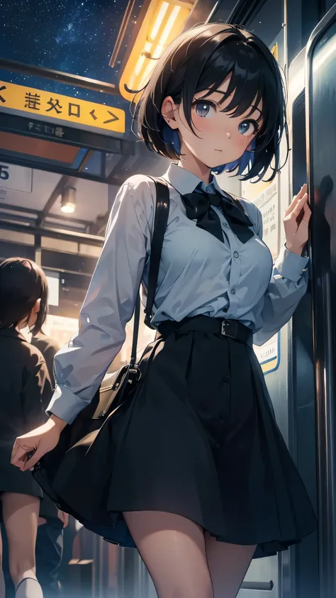 A young woman with short black hair sitting looking out the train window、You can see the starry sky from the car window、reading a book、white shirt、handbag「girl on the last train」

(Verse 1)
on the last train　Surrounded by the loneliness of sitting alone　Ev...